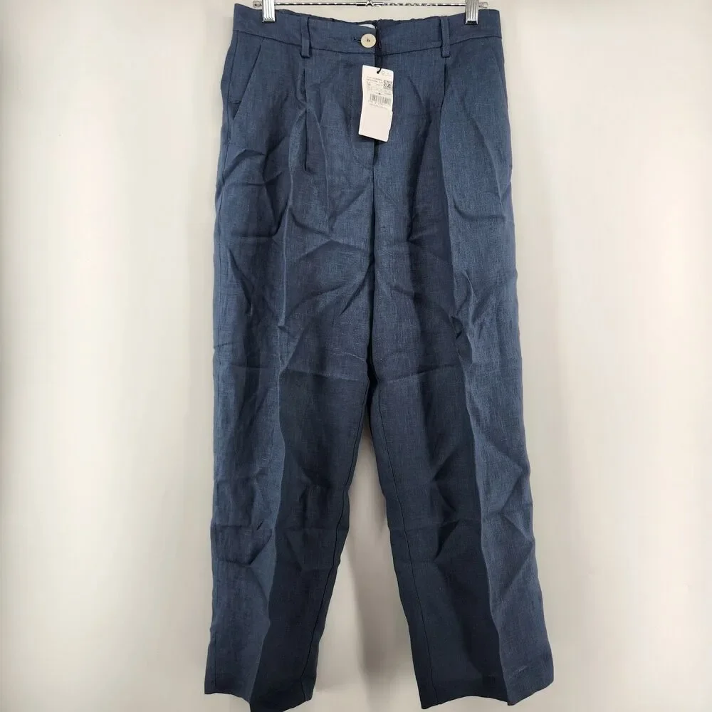 MNG Mango Women's Size 6 Blue Pleated‎ Detail Straight Fit Linen Pants NWT